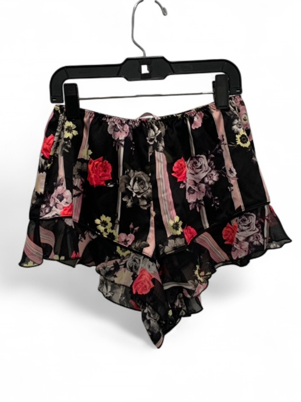 Victoria’s Secret Floral Ruffle Satin Shorts - Black with Gray & Red Roses